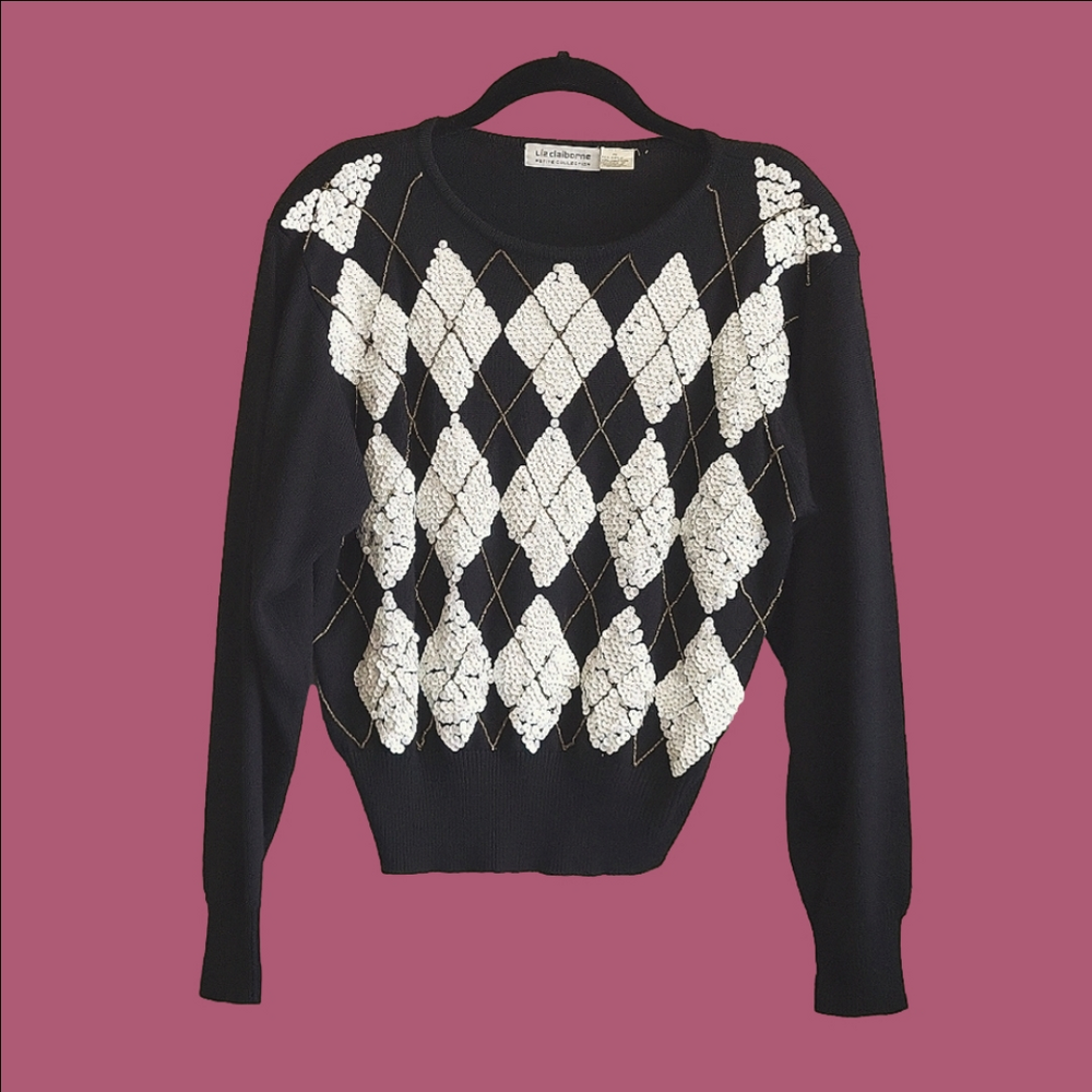 LIZ CLAIBORNE Vintage Sequin argyle sweater black lambswool and sequins - Picture 3 of 11